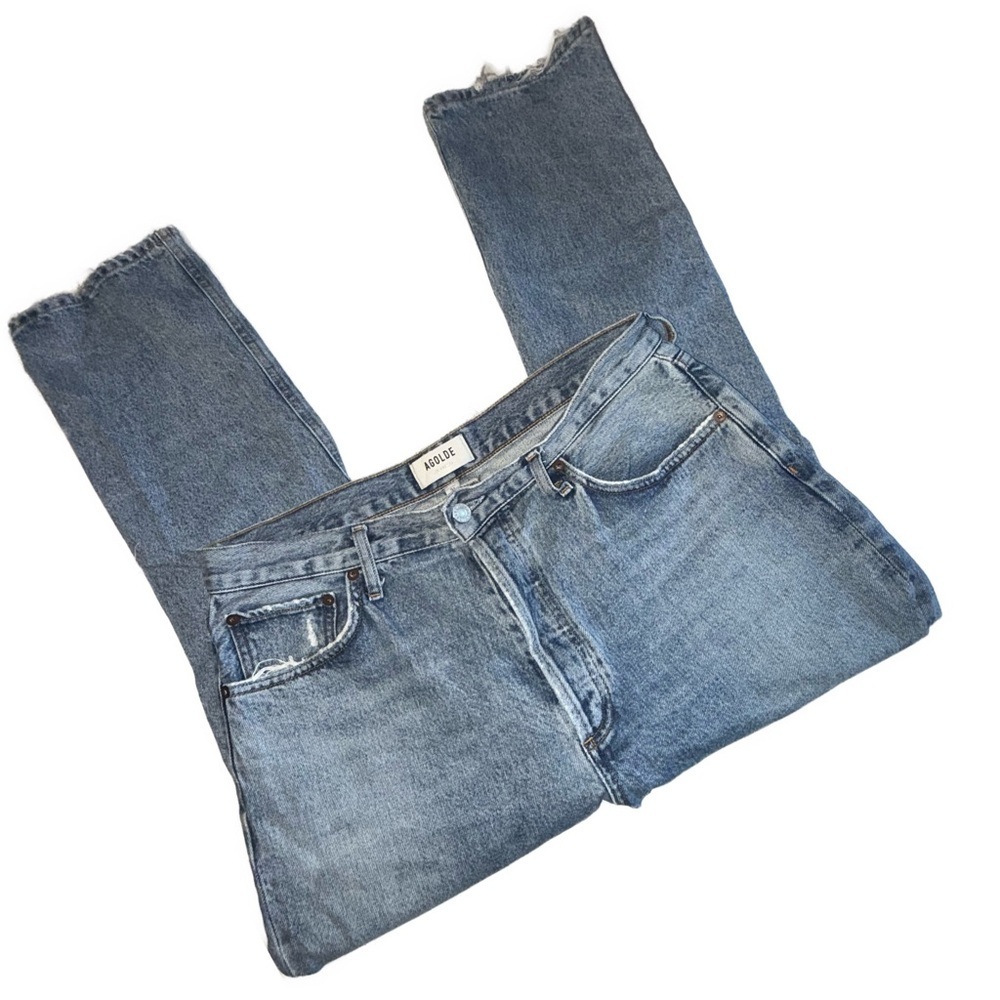 AGOLDE High Rise Boyfriend Jeans Size 31 Distressed Blue 26” Inseam 100% Cotton - Picture 5 of 9